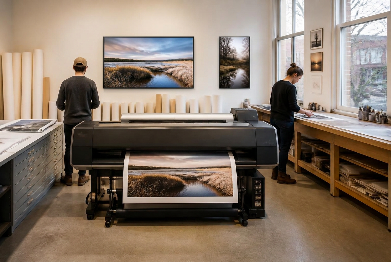Working print atelier centered on a professional large-format digital printer producing a fine-art print