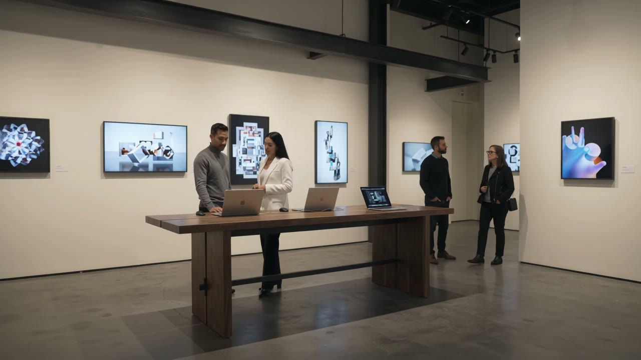 Visitors gathered around the communal table and viewing digital artworks in the gallery