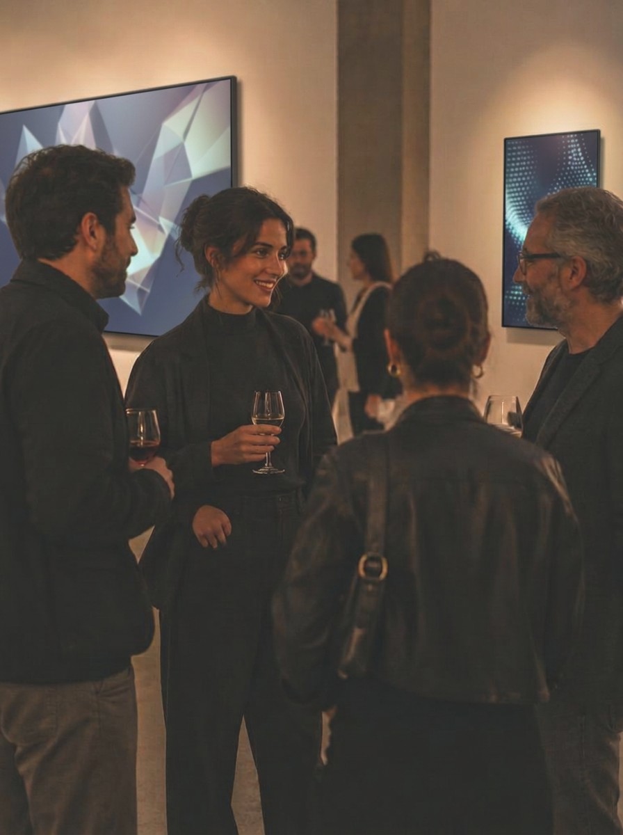A small group in conversation at a warm evening gallery gathering