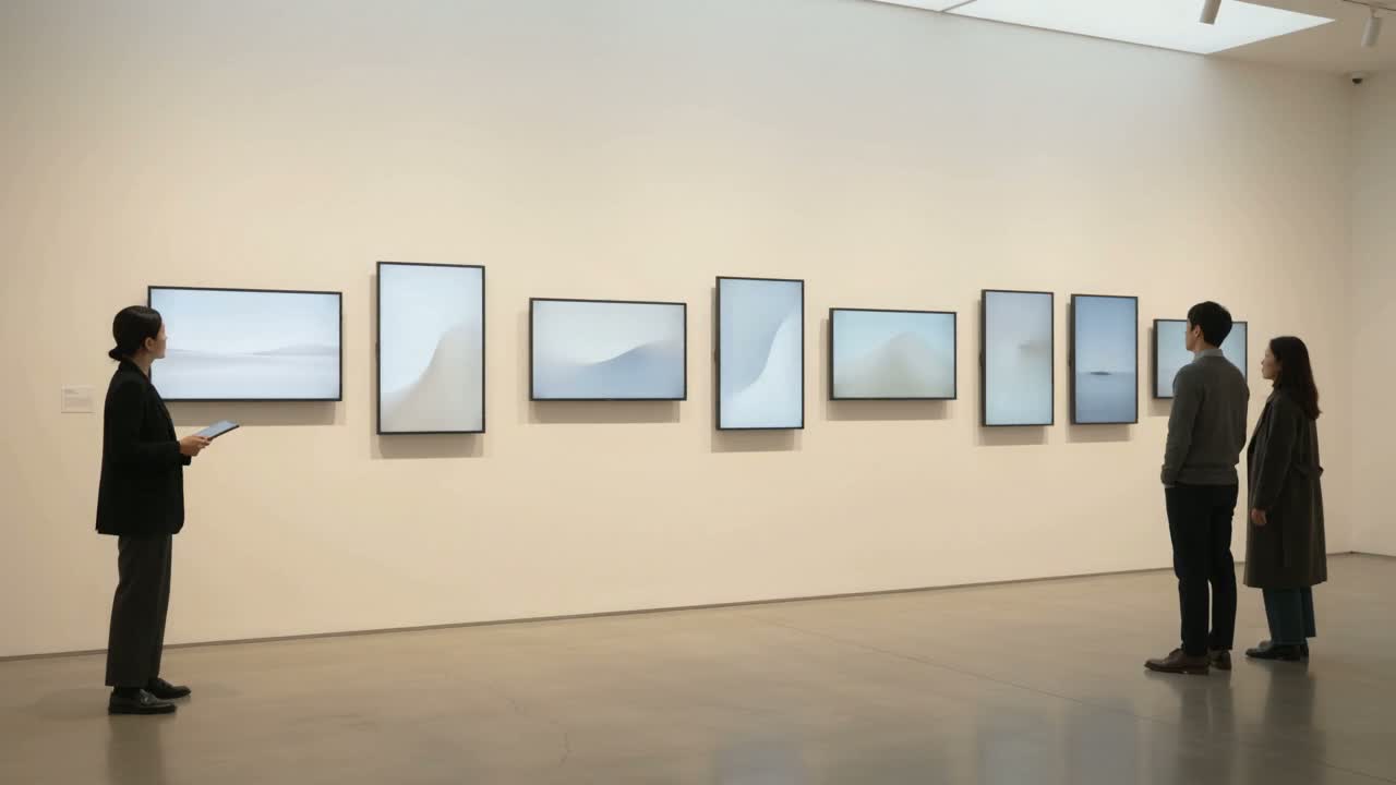 A curator with a tablet watching every screen on the gallery wall change its artwork at the same instant