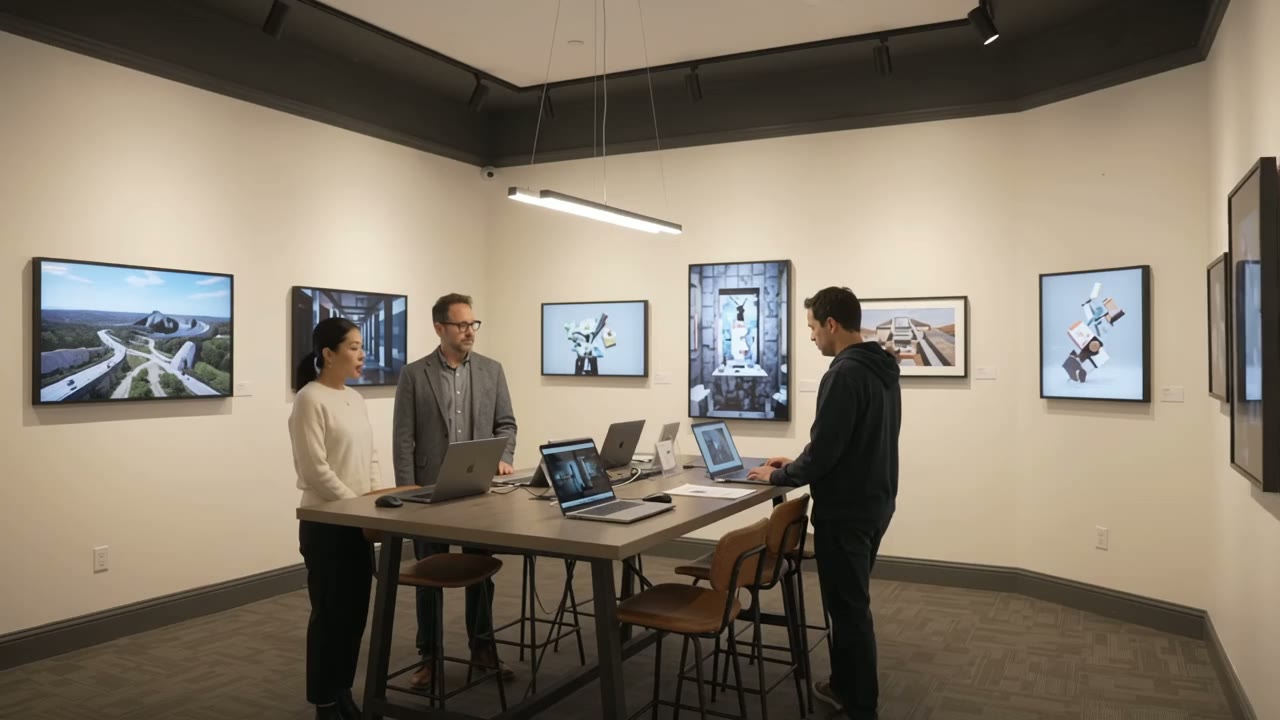 Visitors among the gallery’s digital displays and communal table