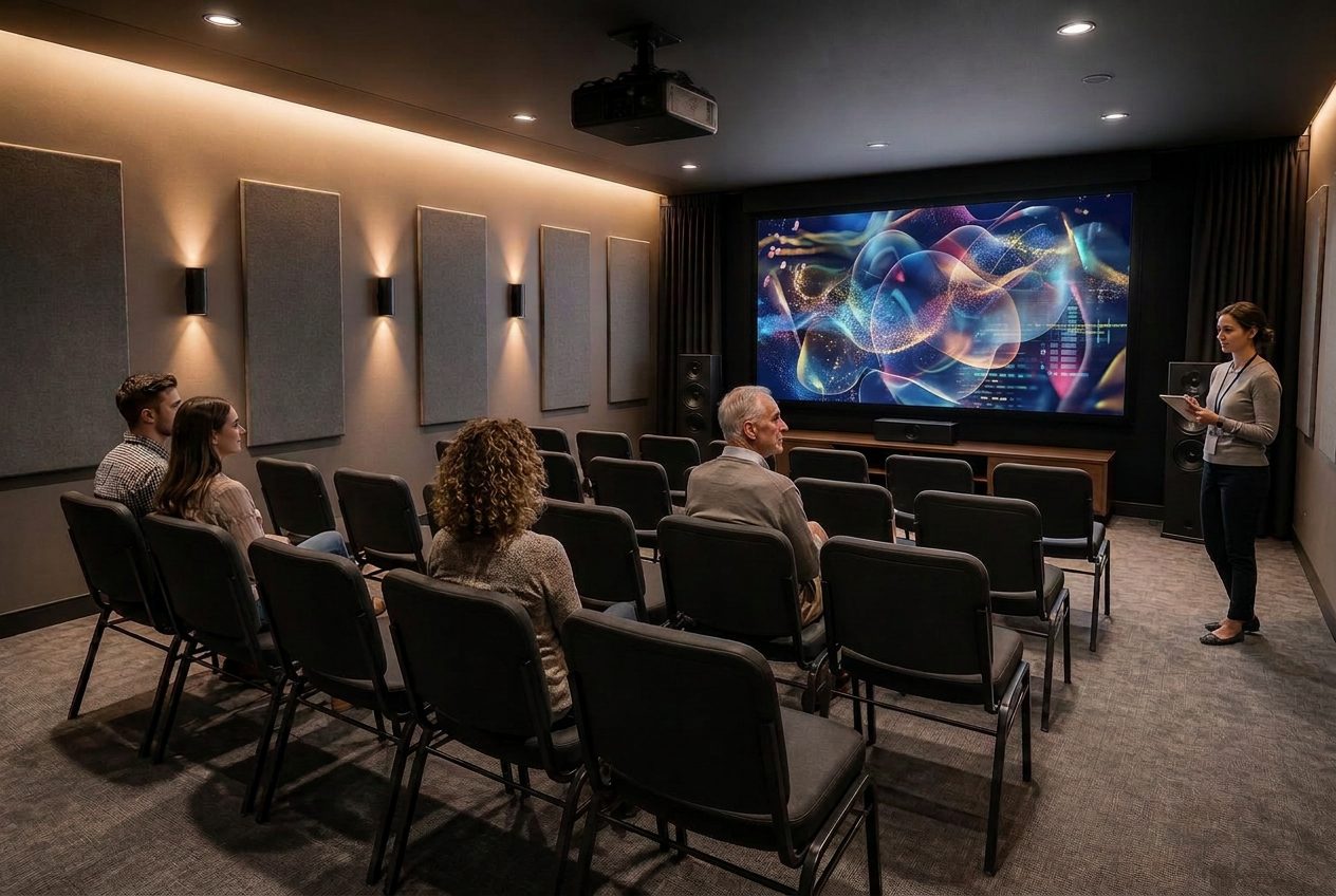 Visitors and a facilitator in a bright, intimate micro-cinema with approximately twenty flexible seats, projection screen, acoustic panels, and dedicated speakers