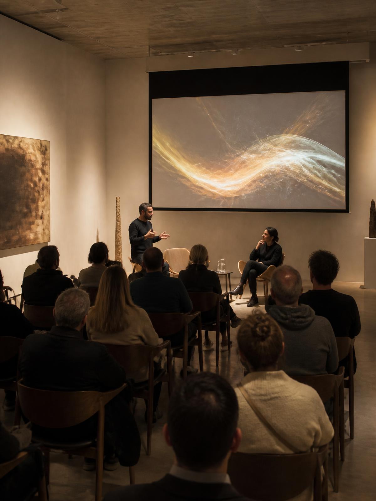 Two speakers guide a dialogue in the micro-cinema while an audience watches a digital work on screen