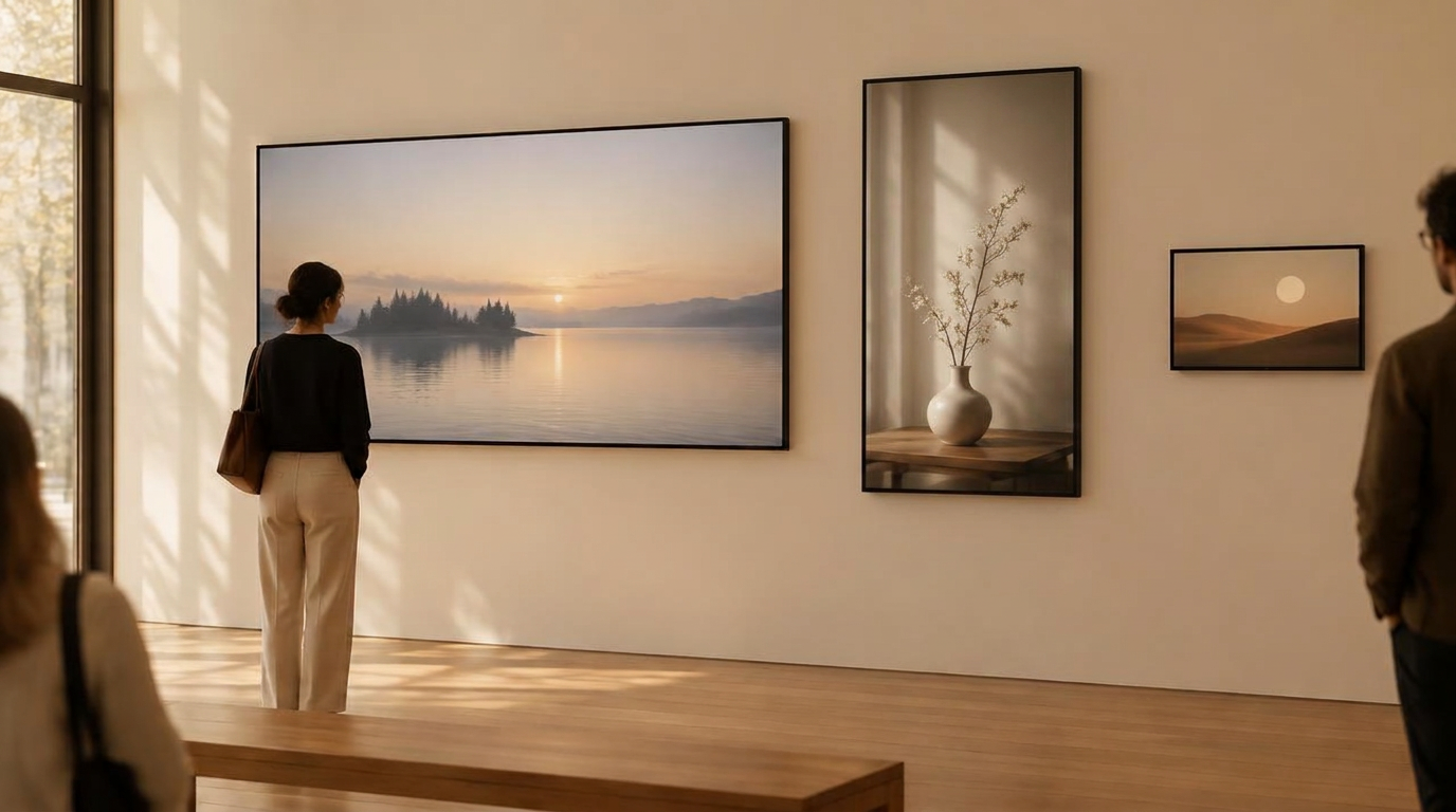 A gallery wall with slim black-framed screens in large landscape, tall portrait, and small landscape formats