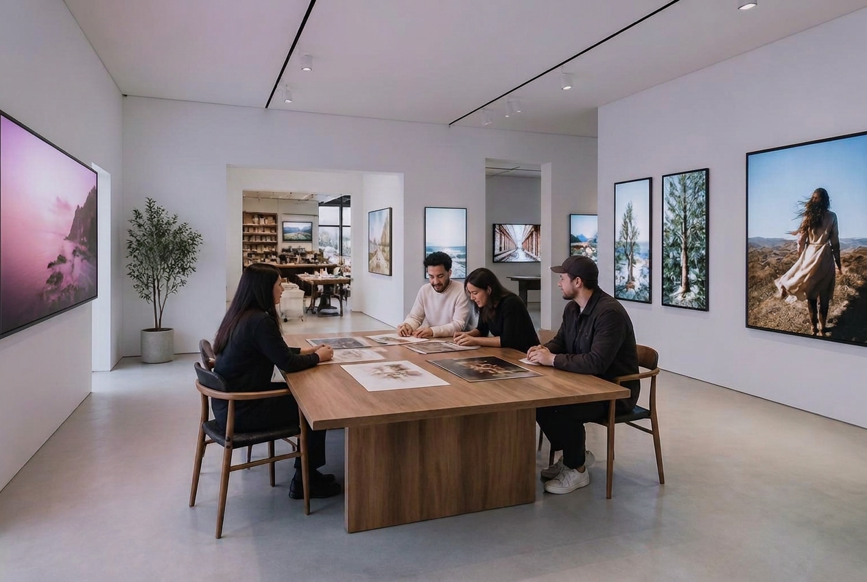 Closer architectural view of the central communal table within the digital gallery