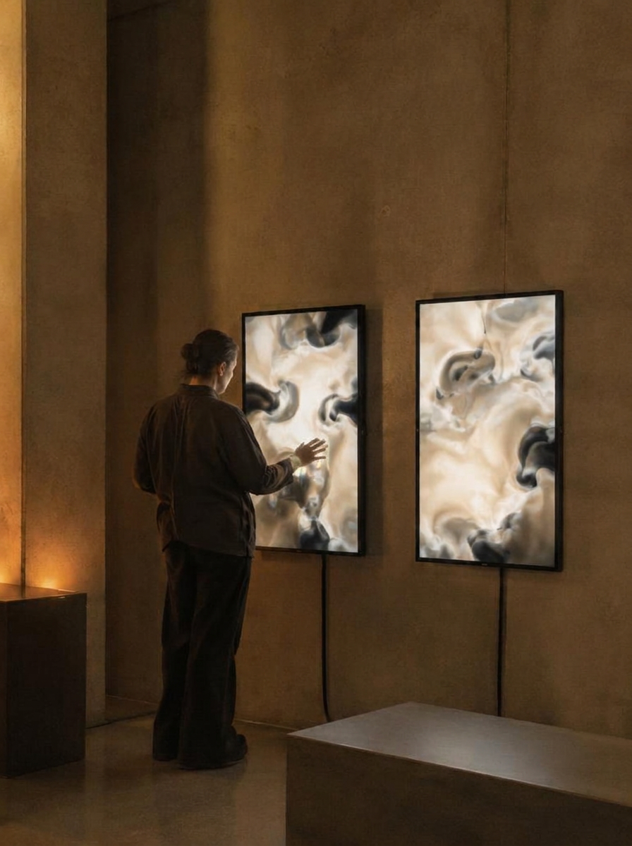 An artist adjusting generative work across two vertical displays in a warm concrete room