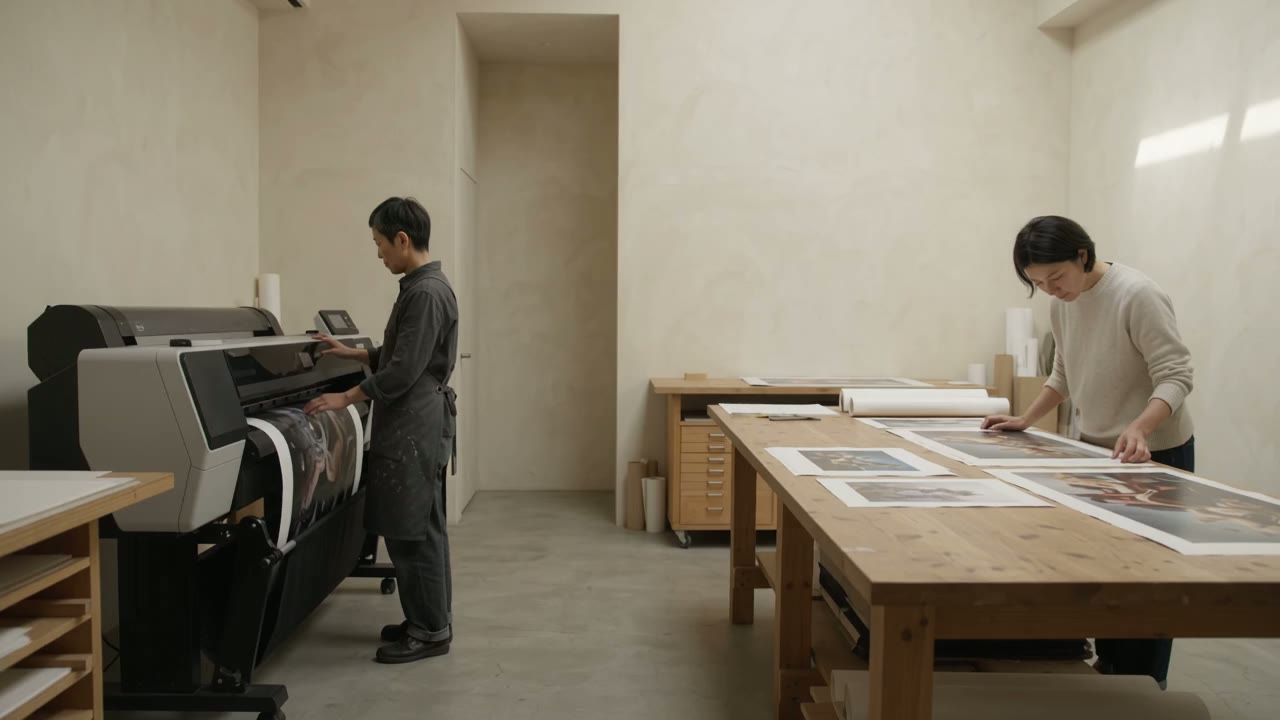Artists working on editions at the print atelier table