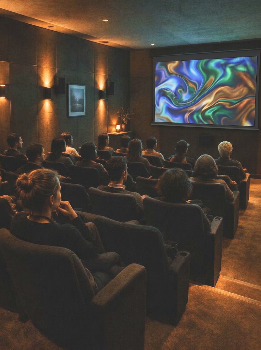 A small audience watching a film in the dim, warm micro-cinema