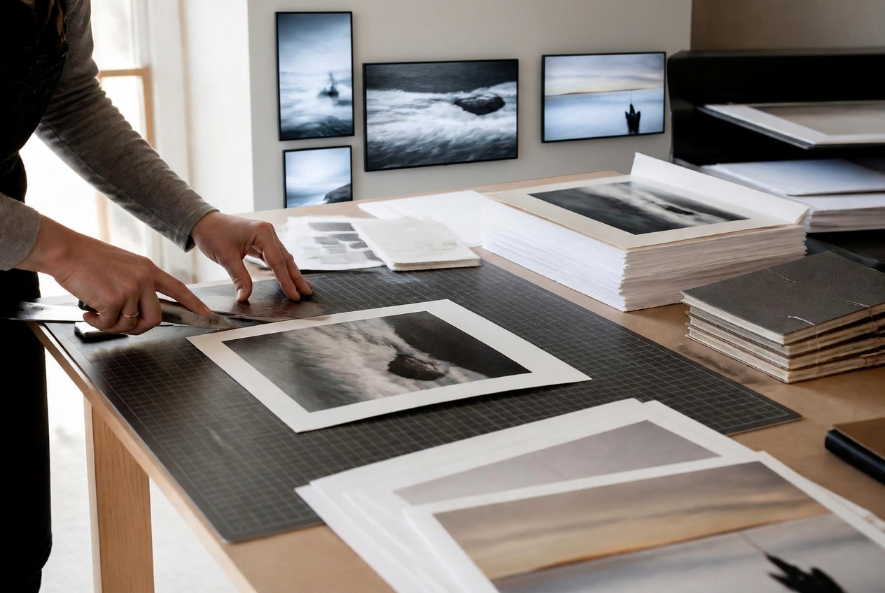 Hands trimming fine-art prints beside proofs, paper samples, editions, and small-run zines