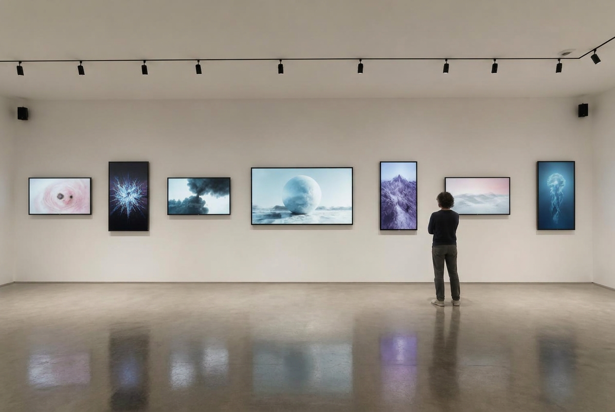 A visitor studies digital works across the gallery wall