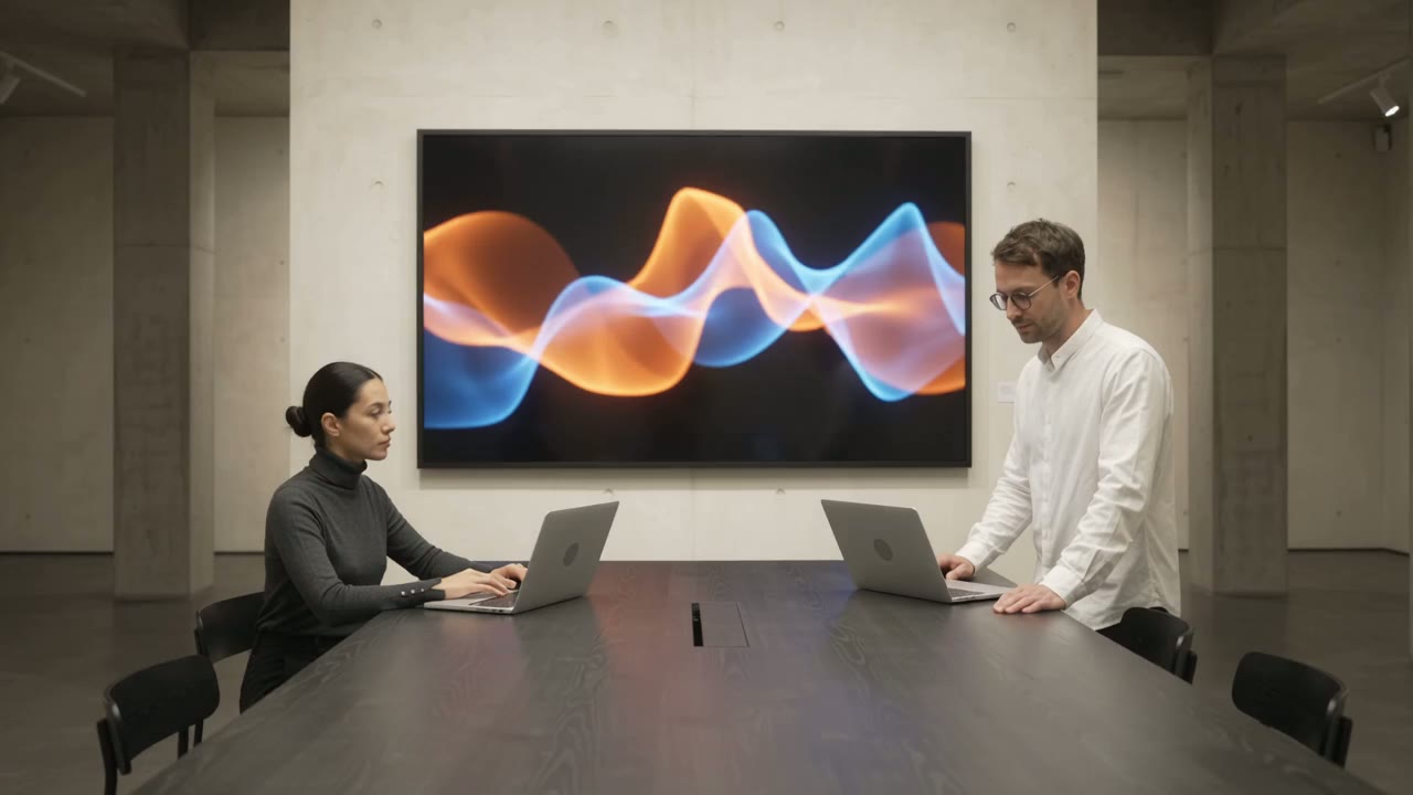 Artists studying digital work together in the gallery