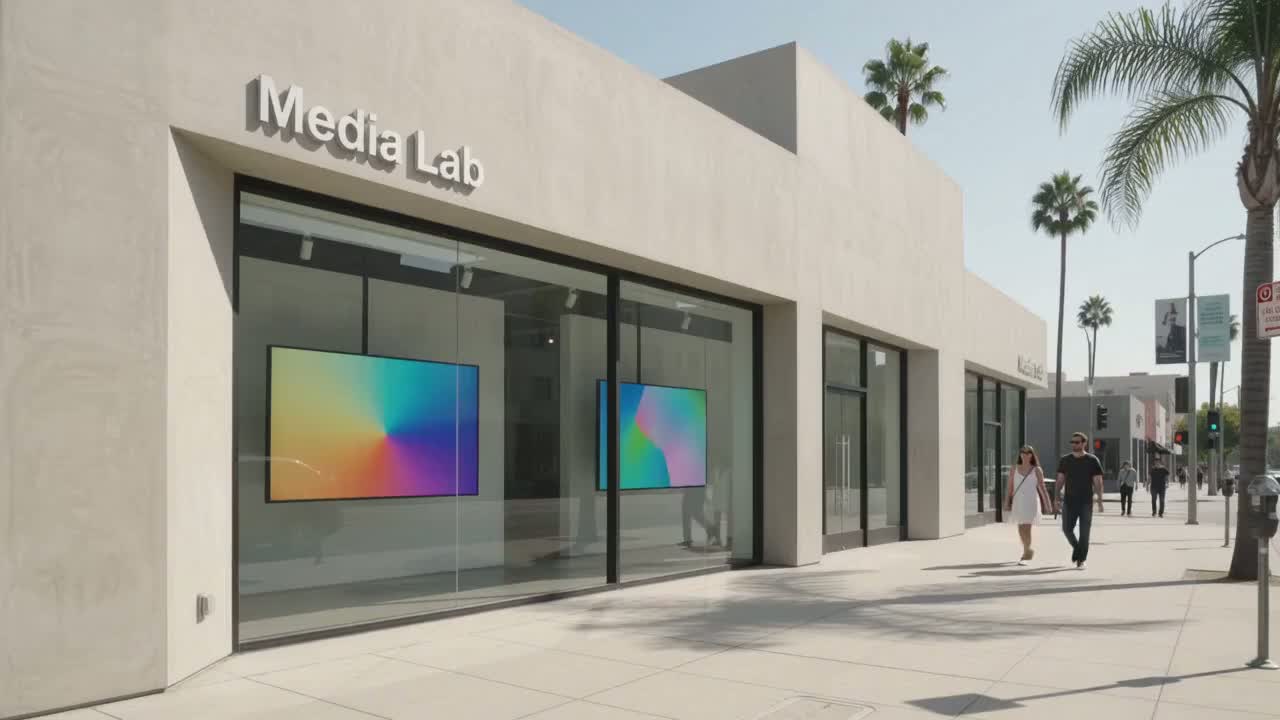 People passing the Culver City gallery's digital window display