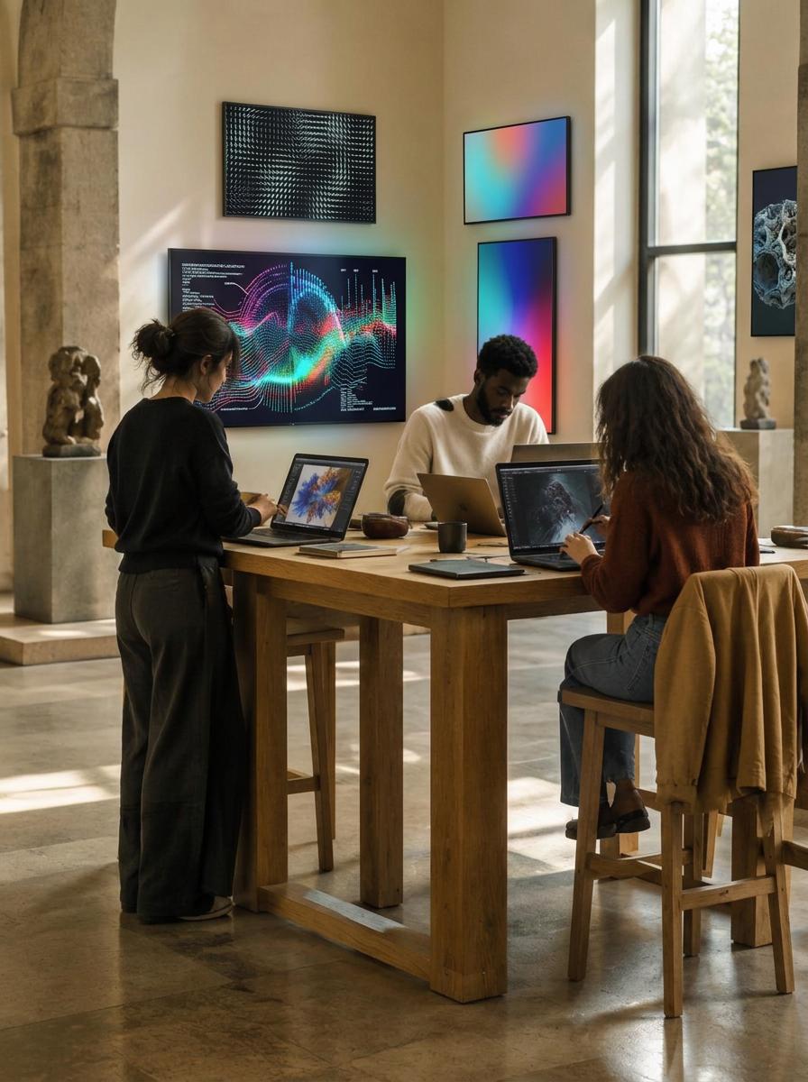Three people creating digital work on laptops at the standing communal table