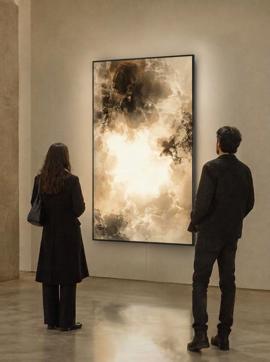 Two visitors viewing a large luminous digital artwork in a warm ivory gallery