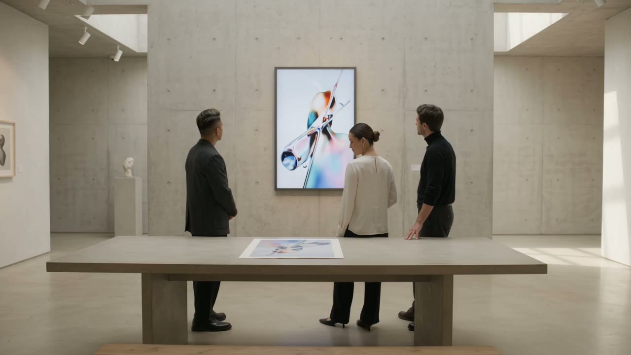 Visitors examining a digital artist edition in the gallery