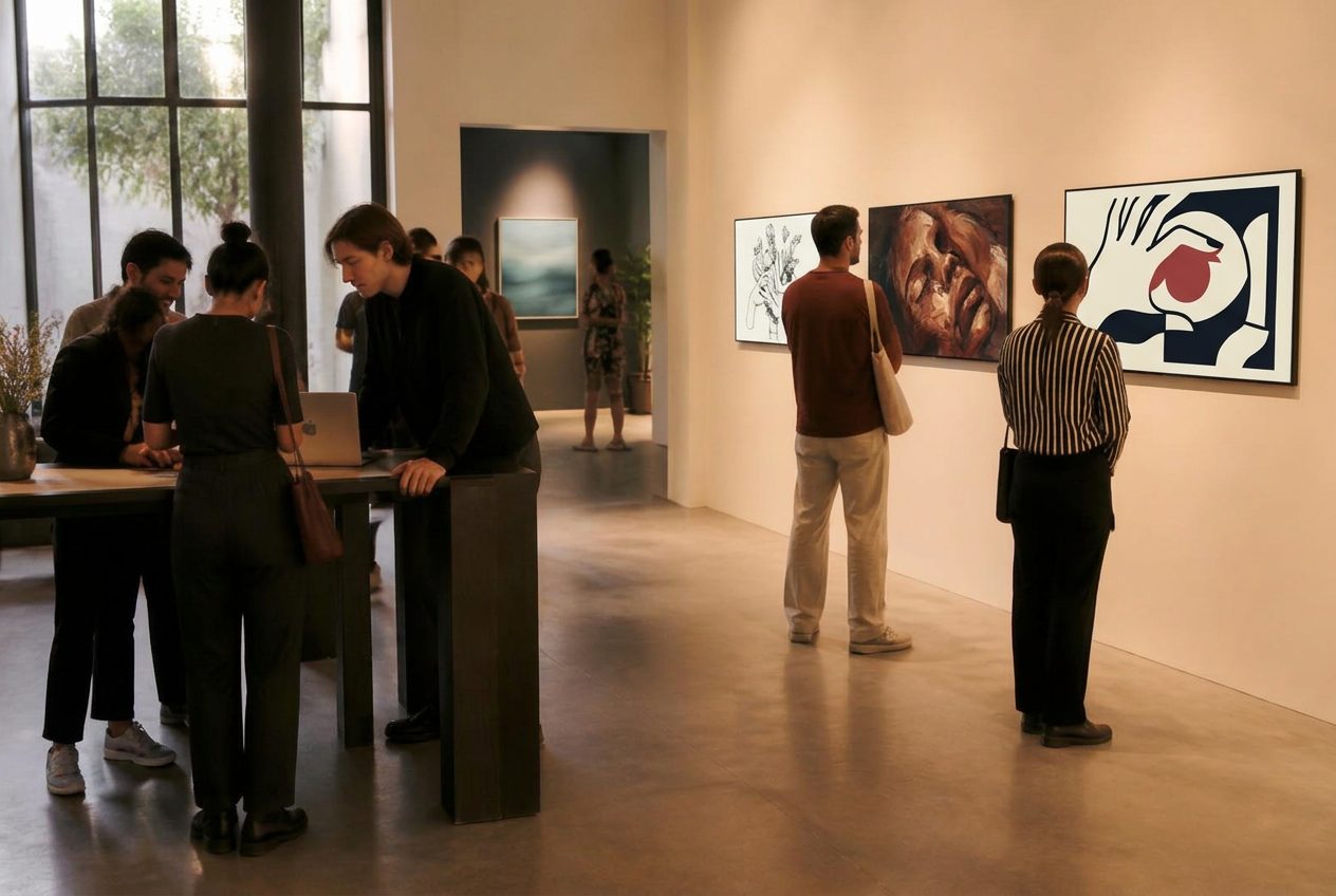 Visitors gathered around the communal table and viewing digital artworks on the gallery walls