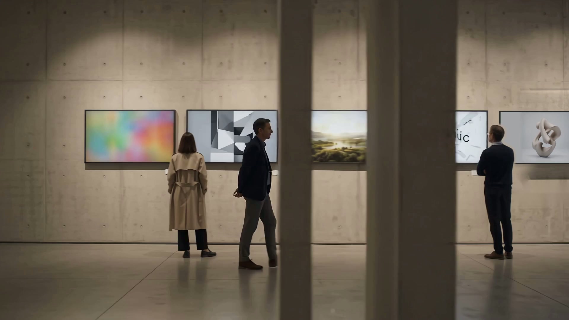 Three visitors viewing six distinct digital artworks as one man walks and stops before an artwork