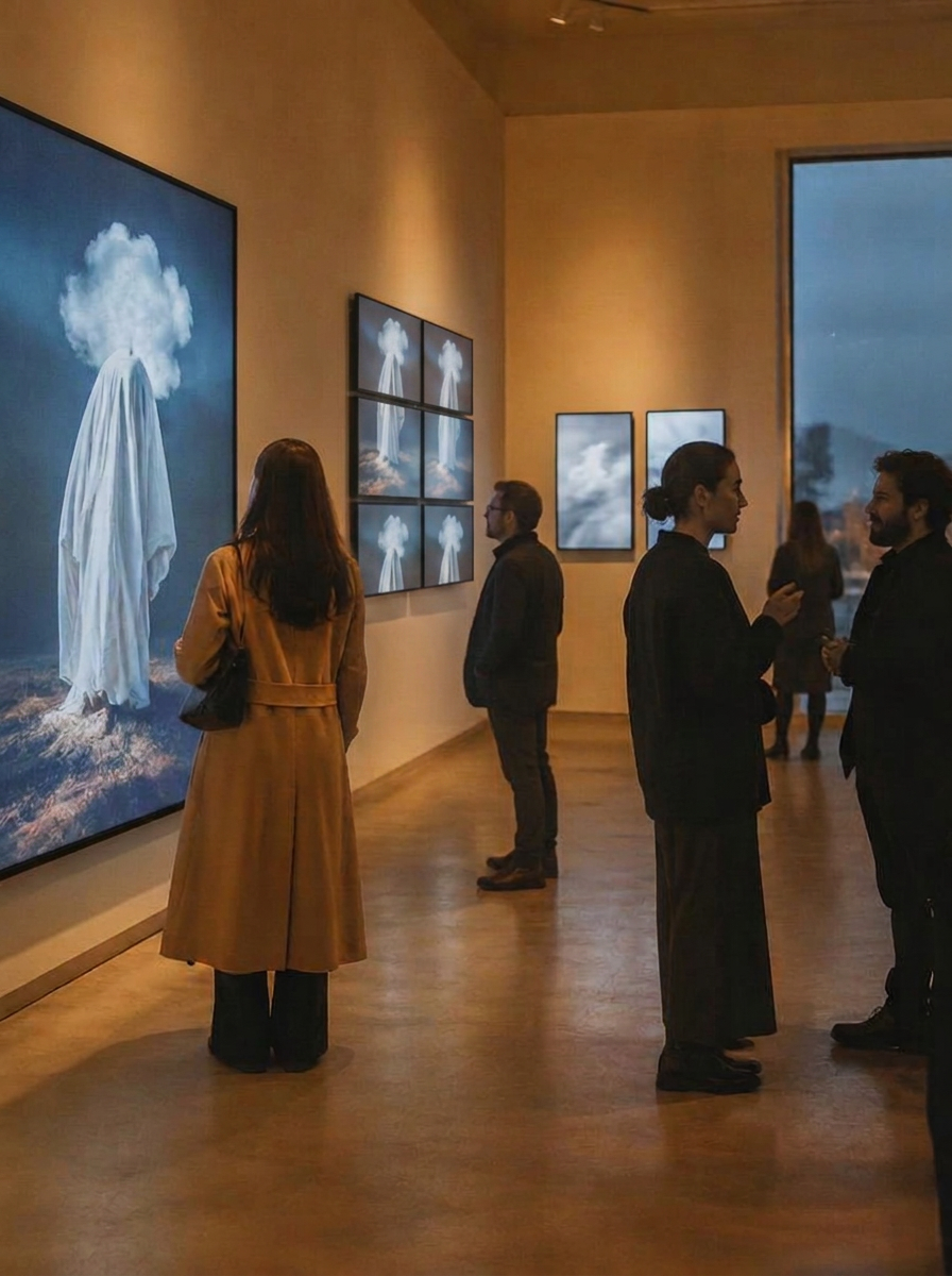 Visitors viewing large moving-image works during an evening exhibition opening