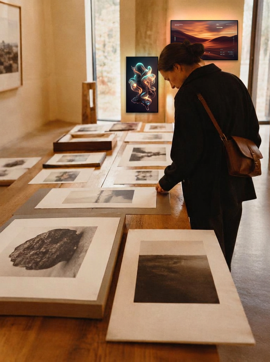 A visitor browsing fine-art prints and artist editions laid out on a long table