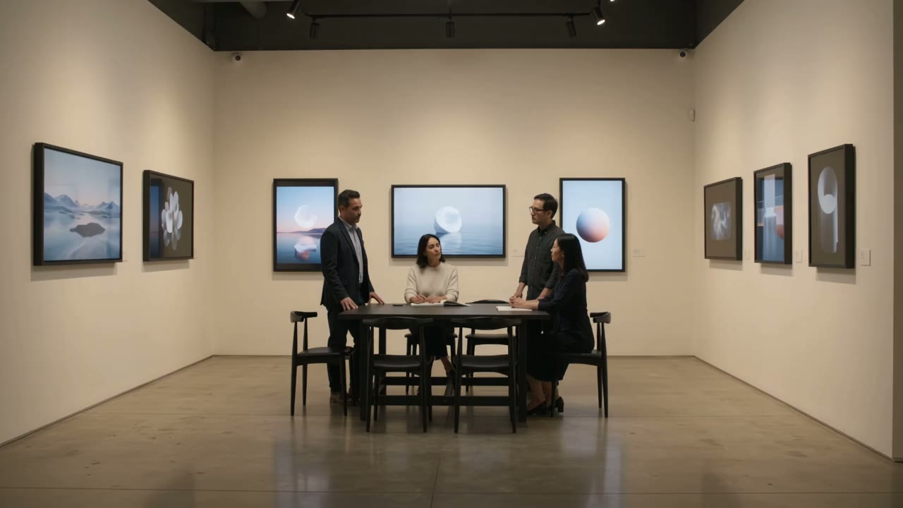 Visitors discussing a digital exhibition in the gallery