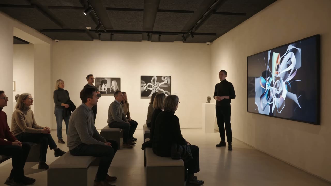 Audience and speakers in the micro-cinema beside a digital artwork