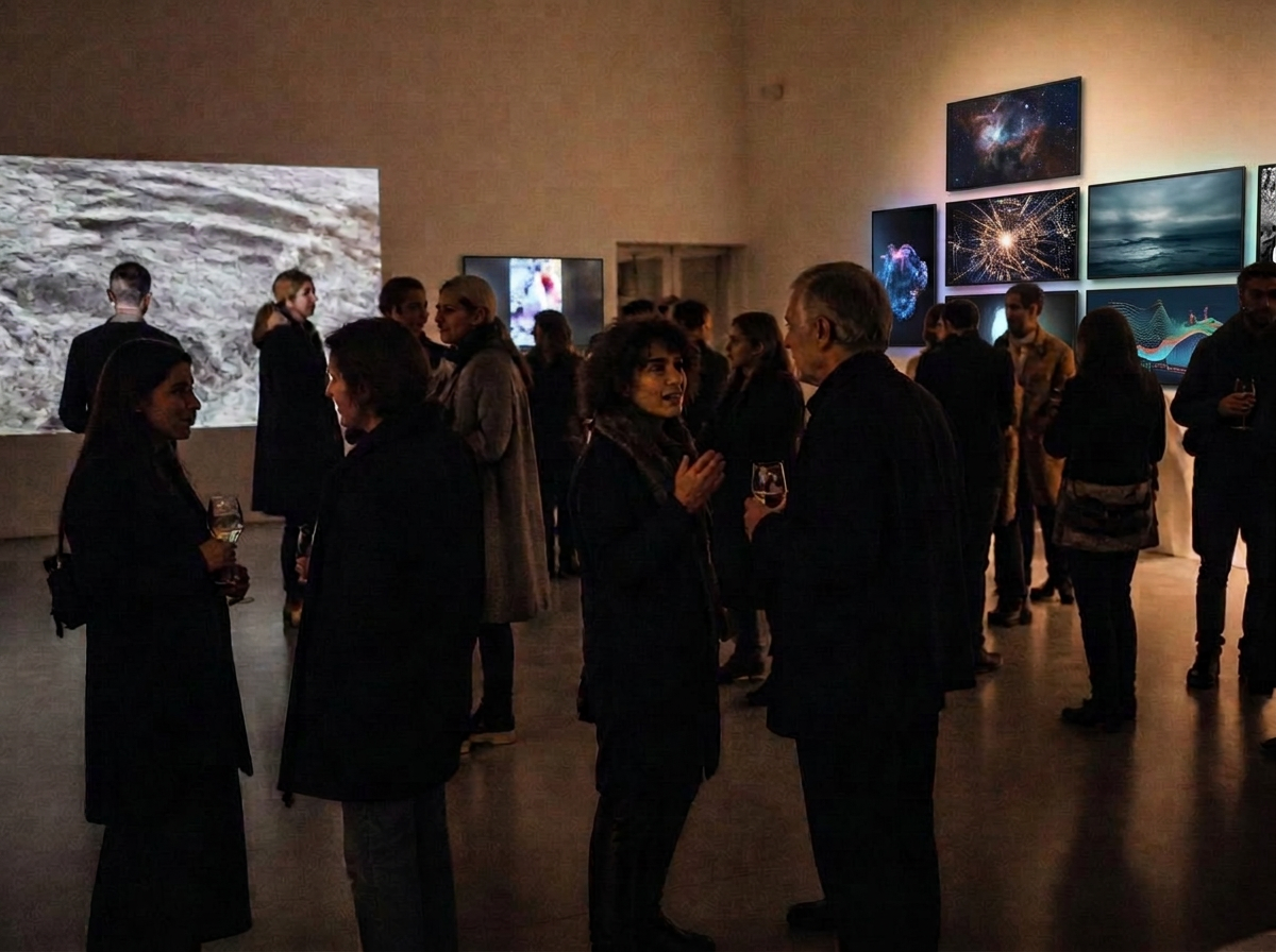 Illustrative evening gathering in the Media Lab gallery