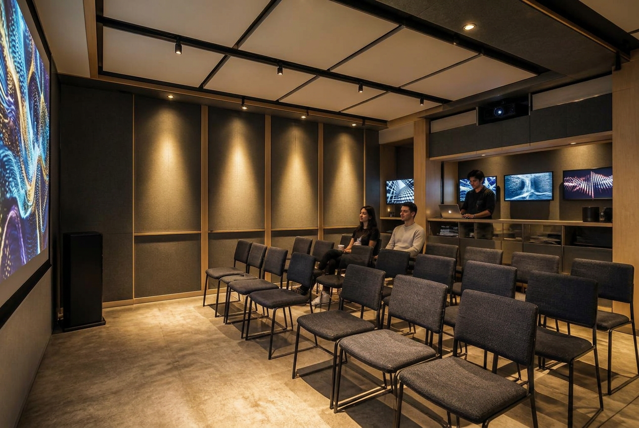 Visitors and a technician seen from a contrasting side angle across the micro-cinema seating, projector, and acoustic treatment