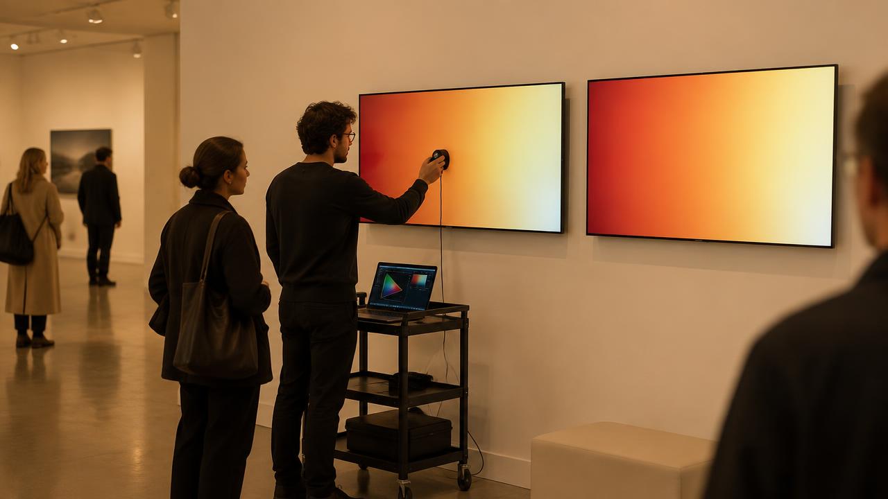 A technician holding a calibration device against a wall screen displaying warm test tones
