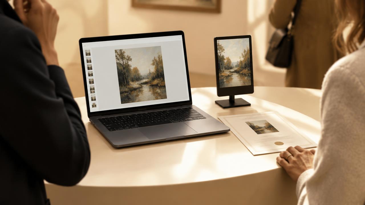 A laptop, a small display, and a printed certificate on a gallery table presenting a digital edition