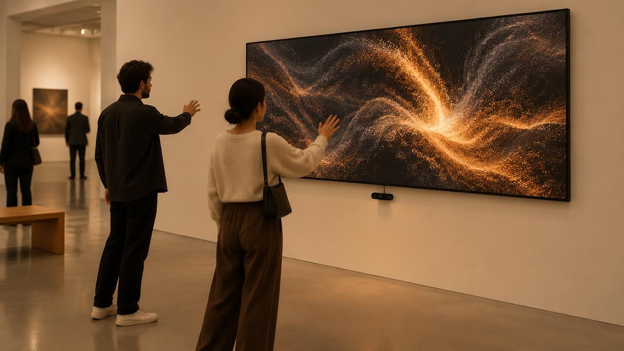 Two visitors gesturing toward a large screen showing a flowing generative particle artwork