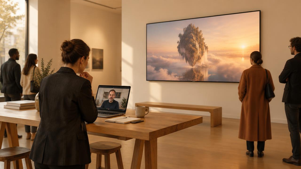 A curator on a video call at the communal table while a newly arrived artwork already glows on the wall screen