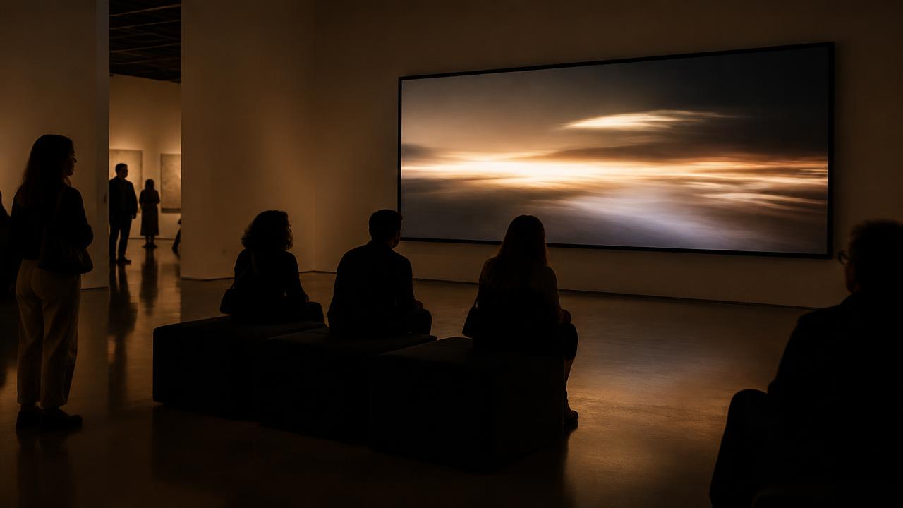 Visitors seated in a darkened gallery watching a slow moving-image work on a large wall screen