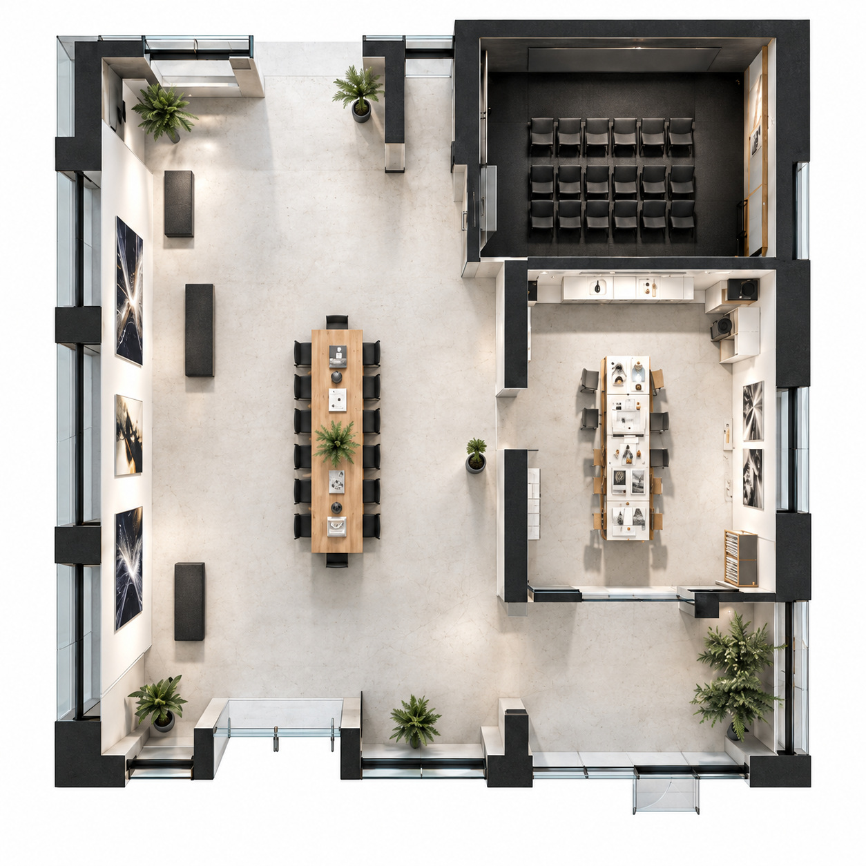 Top-down three-dimensional rendering of the complete Media Lab spatial ecosystem